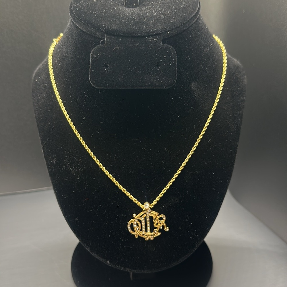 CHRISTIAN DIOR Vintage Gold Tone Jewelled Logo Pendant Necklace